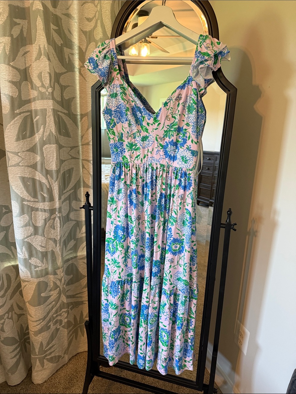 Lilly Pulitzer Pink Floral Midi Dress with Blue and Green Print